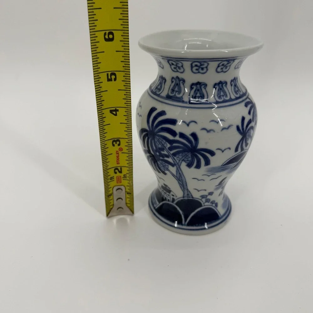 Blue and White Porcelain Bud Vase Palm Tree Tropical Coastal Decor 5.5 Inch